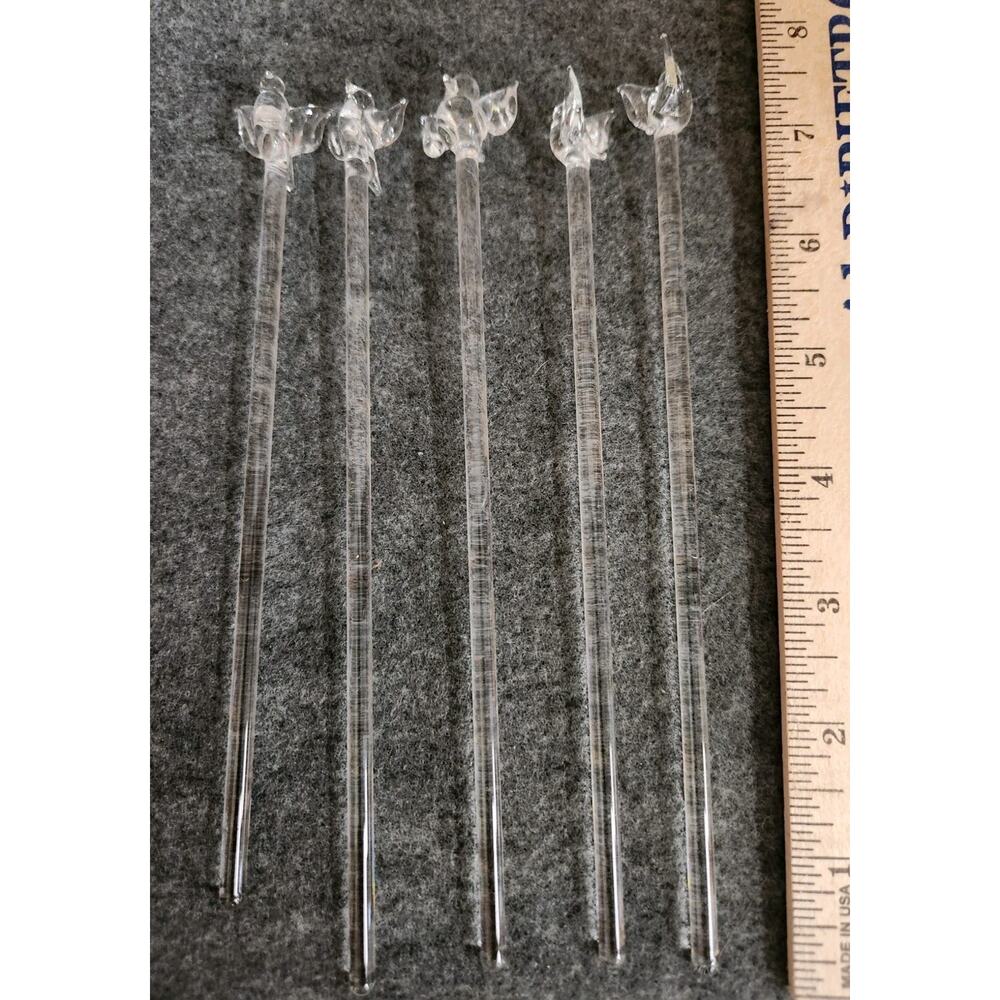 Five Vintage Clear Glass Bird Stirrers Swizzles Barware